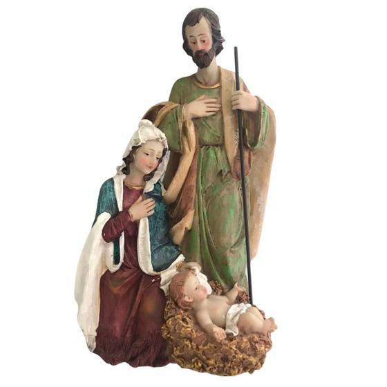 Imagem de Sagrada Família Enfeite de Natal Resina 24x13x10cm Com Bambu Saldão