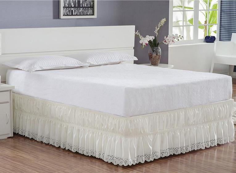 Saia Babado Cama Casal Padrão Pérola Tecido Microfibra Acabamento Ultra Sônico - Palha Menor preço em Saia Babado Cama Casal Padrão Pérola Tecido Microfibra Acabamento Ultra Sônico - Palha