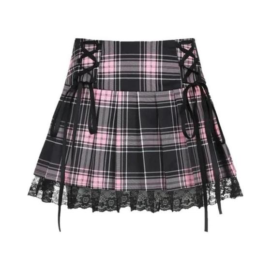 Imagem de Saia Feminina Gótica Plissada Com Listras Rosa E Renda Xadrez Y2K, Estilo Dark Academia, Estética