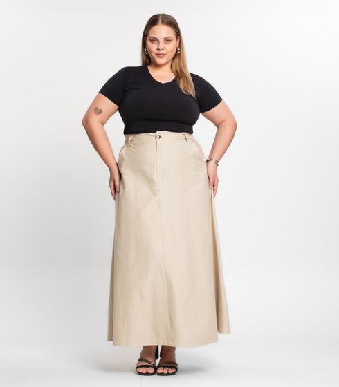Imagem de Saia Feminina Midi Godê Sarja Com Bolso Select Bege
