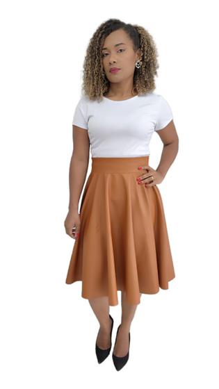Imagem de Saia Godê Duplo Caramelo Couro material sintético  Moda Evangélica Feminina