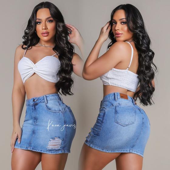 Imagem de Saia Jeans Feminina Cintura Alta luxo mini saia Feminina Levanta Bumbum Envio Imediato S/ Lycra