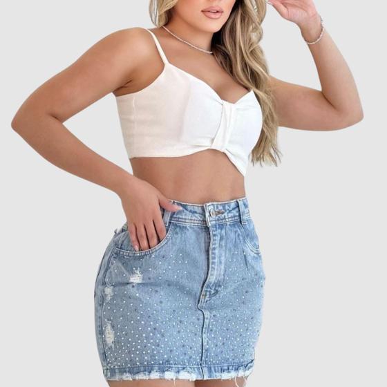 Imagem de Saia Jeans Feminina Curta Cintura Alta Brilho Strass Verão