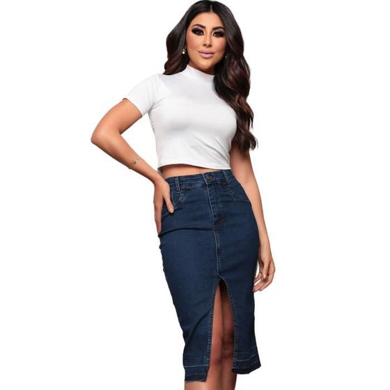 Imagem de Saia Jeans Feminina Midi Fenda Frontal Slim