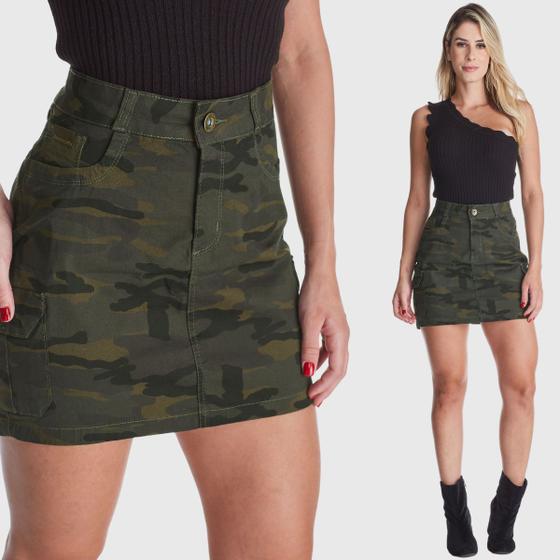 Saia Jeans HNO Jeans Curta Camuflada Militar Verde Menor preço em Saia Jeans HNO Jeans Curta Camuflada Militar Verde
