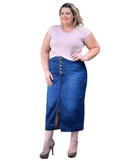 Imagem de Saia Jeans, Midi, Azul Jeans, Barra Desfiada, Plus Size