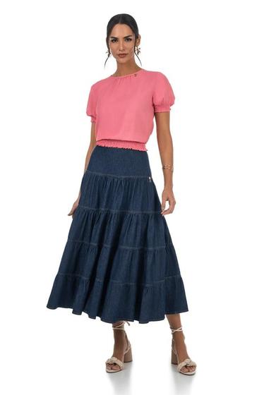 Imagem de Saia Jeans Midi Godê Com Recortes Via Tolentino