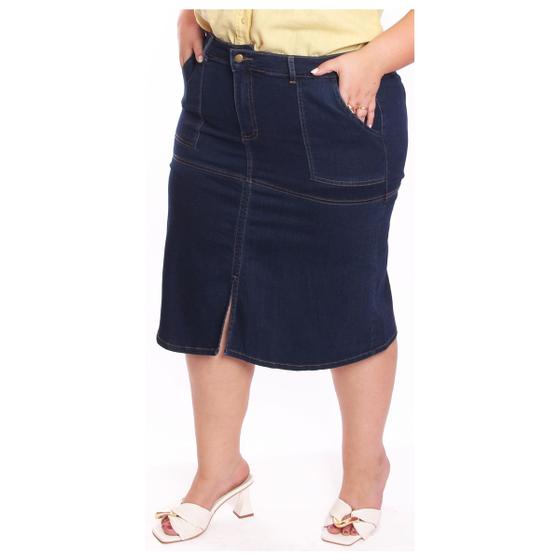 Imagem de Saia Jeans Midi Plus Size Evasê Moda Evangélica Ref116