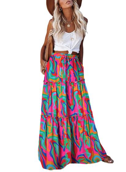 Imagem de Saia Maxi Feminina EARKOHA - Cintura Alta com Estampa Multicolorida - Tamanho S