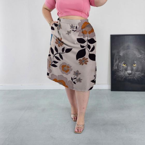 Imagem de Saia Midi Cintura Alta com Bolsos e Aberturas Laterais Forrada Diversas Cores Estampadas Viscolinho Plus Size G2 G3