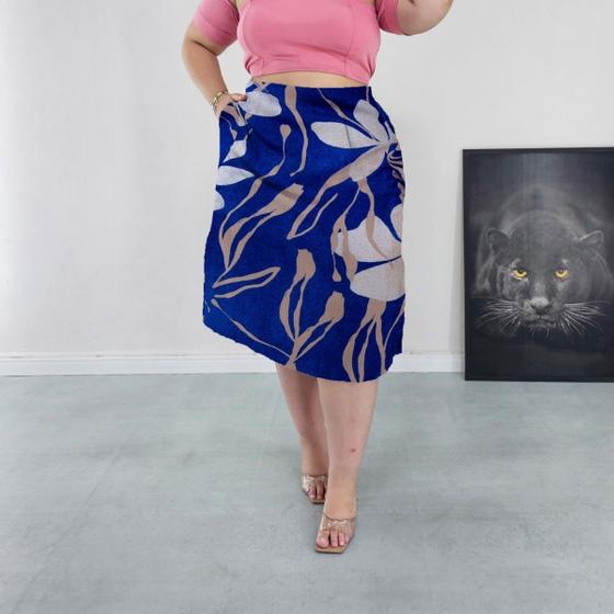 Imagem de Saia Midi Cintura Alta com Bolsos e Aberturas Laterais Forrada Diversas Cores Estampadas Viscolinho Plus Size G2 G3