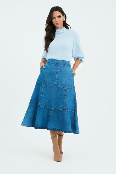Imagem de Saia Midi Evasê Jeans Com Recortes