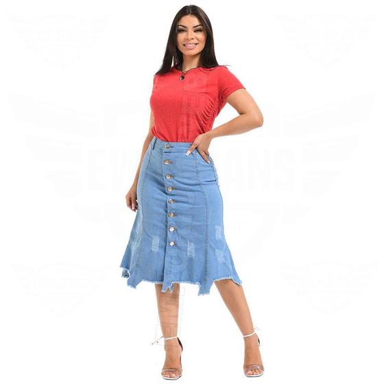 Imagem de Saia Midi Jeans Destroyed com rasgo Inferior - EWF Jeans - Azul Claro