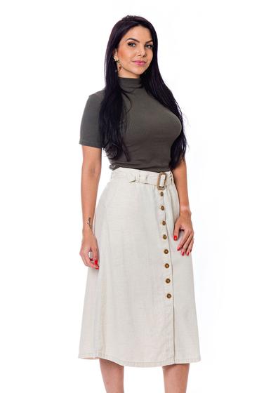 Saia Midi Linho Com Botões Restrito Jeans Saia Feminina