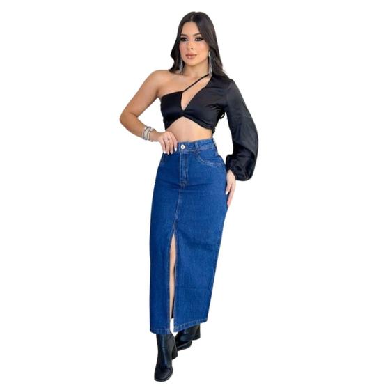 Imagem de Saia midi lonja jeans com fenda lavagem escura