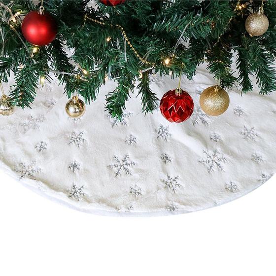 Imagem de Saia para Árvore De Natal de Veludo Pelo Alto Branco Detalhes Prata Dourado 90cm