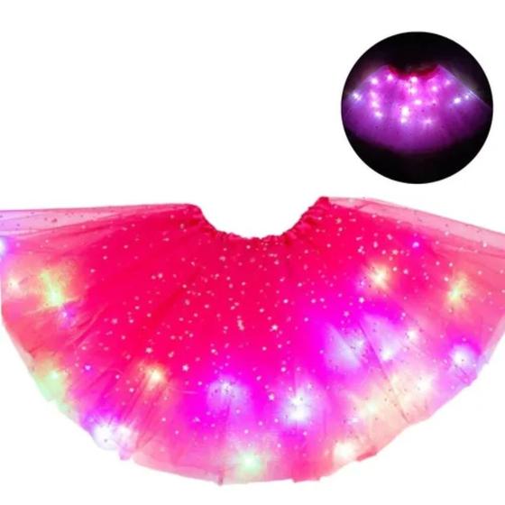 Imagem de Saia Tutu Tule Infantil Com Led Meninas Rosa Pisca Com Glitter