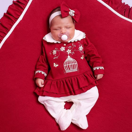 Imagem de Saída de Maternidade Menina Luxo Flores Bordada com Pérolas Marsala 03 Peças