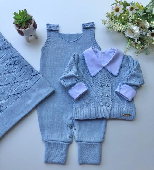 Saída de maternidade menino 6 botões em tricot 4 peças Menor preço em Saída de maternidade menino 6 botões em tricot 4 peças