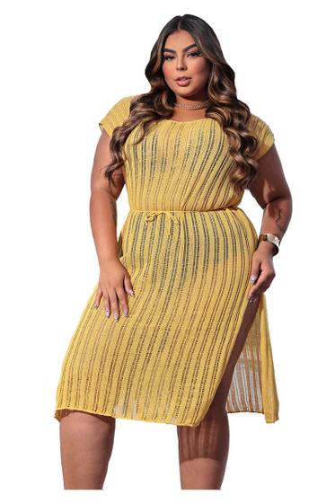 Imagem de Saída de Praia Plus Size Listras Decote Fenda Grande Moda