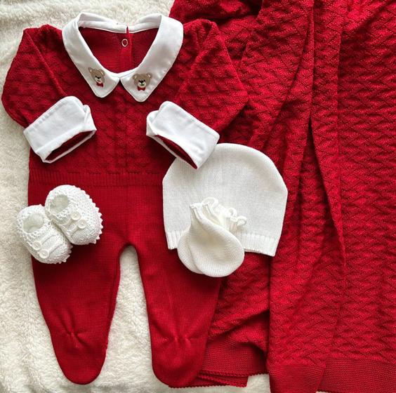 Imagem de Saída Maternidade Tricot Urso Gravatinha - Vermelho - 02 peças