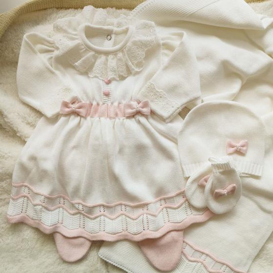 Imagem de Saída Maternidade Tricot Vestido Ballet - Branco / Rosa bebê - 03 peças