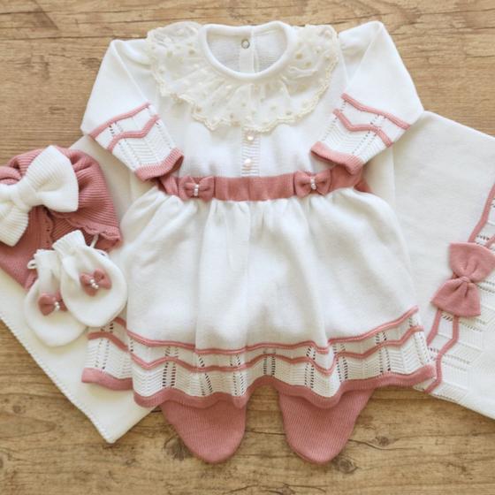 Imagem de Saída Maternidade Tricot Vestido Ballet - Branco / Rosé - 03 peças