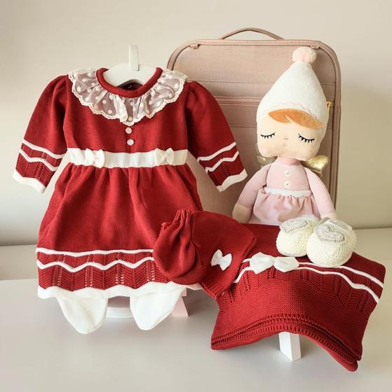 Imagem de Saída Maternidade Tricot Vestido Ballet - Vermelho / Branco - 03 peças