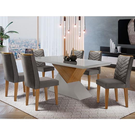 Sala de jantar Aster 180 Tampo em MDF e Vidro com 6 Cadeiras Liz Moderna
