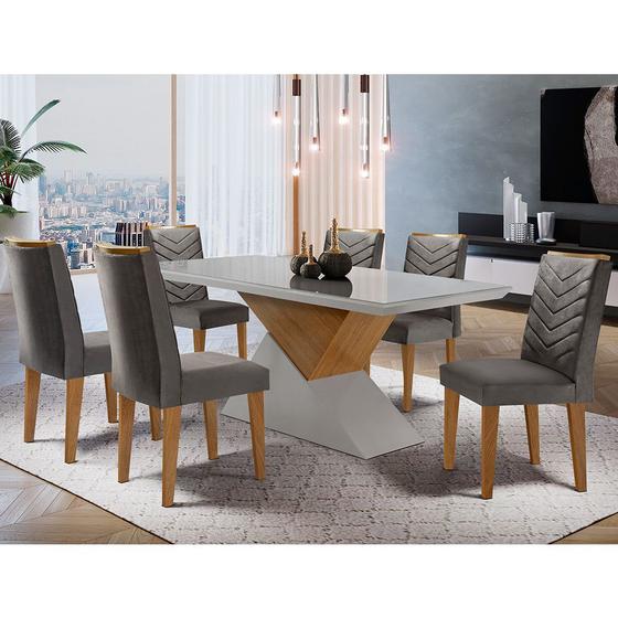 Sala de jantar Aster 180 Tampo em MDF e Vidro com 6 Cadeiras Liz Moderna Imagem de Sala de jantar Aster 180 Tampo em MDF e Vidro com 6 Cadeiras Liz Moderna