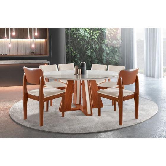 Imagem de Sala de jantar completa 6 cadeiras moderna tampo de vidro redonda 1,35x1,35m - Turim - LJ Móveis