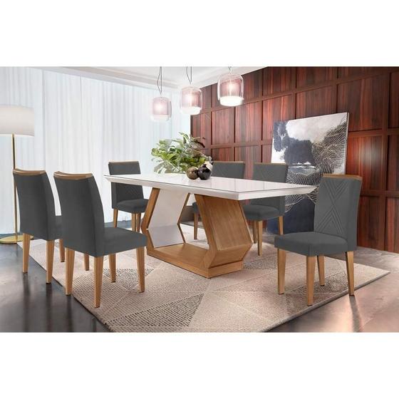 Imagem de Sala de Jantar Completa Alvorada Tampo Madeirado c/ Vidro Canto Reto 180x90cm e 6 Cadeiras Amsterdã Imbuia/Off White - Linho Grafite - Rufato