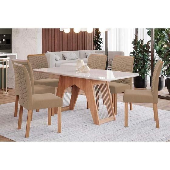 Imagem de Sala de Jantar Completa Carol Tampo Madeirado c/ Vidro 180x90cm e 6 Cadeiras Clarice Savana-Madeirado/Suede Joli Capuccino - Cimol