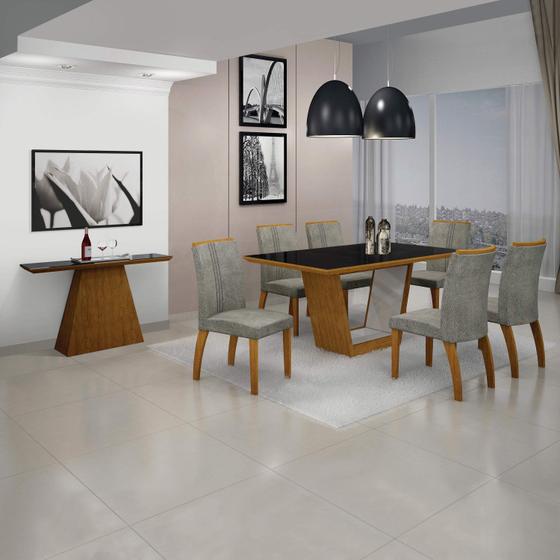 Imagem de Sala de Jantar Completa com Mesa e Aparador com Tampo MDF/Vidro e 6 Cadeiras Imbuia/Preto