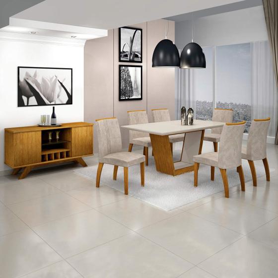 Imagem de Sala de Jantar Completa com Mesa Tampo MDF/Vidro, 6 Cadeiras e Buffet com Adega Leifer Imbuia/Off White