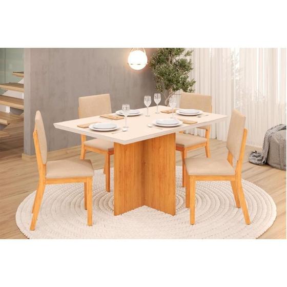 Imagem de Sala de Jantar Completa Italia c/ Tampo Madeirado c/ Vidro 120x90cm e 4 Cadeiras Talia Cedro/Off White - Suede Creme - DJ Móveis