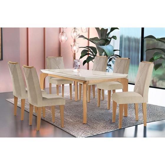 Imagem de Sala de Jantar Completa Londrina c/ Tampo Madeirado Vidro Canto Curvo 180x90cm e 6 cadeiras Amsterdã Imbuia/Off White - Suede Creme - Rufato