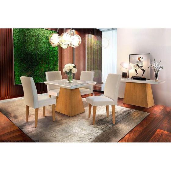 Sala de Jantar Completa Luna c/ Tampo Madeirado c/ Vidro Canto Reto 90cm + 4 Cadeiras Grécia Imbuia/Veludo Creme - Rufato Menor preço em Sala de Jantar Completa Luna c/ Tampo Madeirado c/ Vidro Canto Reto 90cm + 4 Cadeiras Grécia Imbuia/Veludo Creme - Rufato