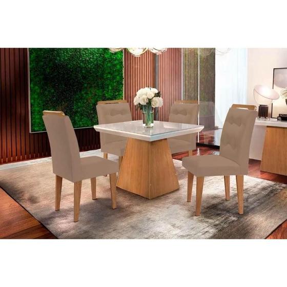 Imagem de Sala de Jantar Completa Luna c/ Tampo Madeirado Vidro Canto Curvo 90x90cm e 4 cadeiras Imperatriz Imbuia/Off White - Suede Capuccino - Rufato
