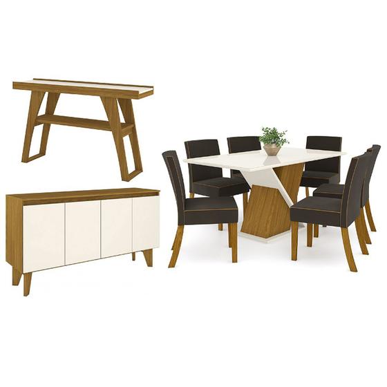 Sala de Jantar Completa Mesa 6 Cadeiras com Buffet e Aparador Solus Nature/Off White/Marrom - Henn Menor preço em Sala de Jantar Completa Mesa 6 Cadeiras com Buffet e Aparador Solus Nature/Off White/Marrom - Henn