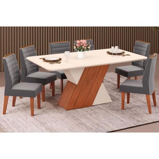 Imagem de Sala de Jantar Completa Rubi Tampo Madeirado c/ Vidro Canto Reto 170x90cm e 6 Cadeiras Ondina Freijo/Off White/Off White - Suede Lunar - DJ Móveis