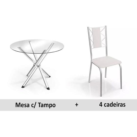 Imagem de Sala de Jantar Completa Volga c/ Tampo Vidro 95cm + 4 Cadeiras Lisboa Cromado/Courano Branco - Kappesberg