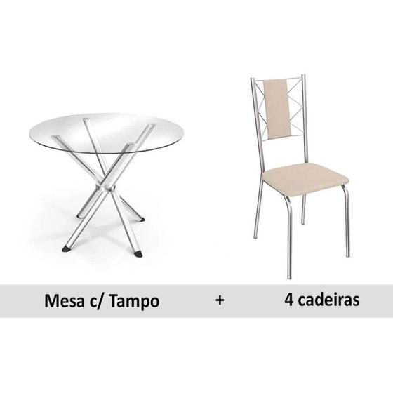 Imagem de Sala de Jantar Completa Volga c/ Tampo Vidro 95cm + 4 Cadeiras Lisboa Cromado/Courano Nude - Kappesberg