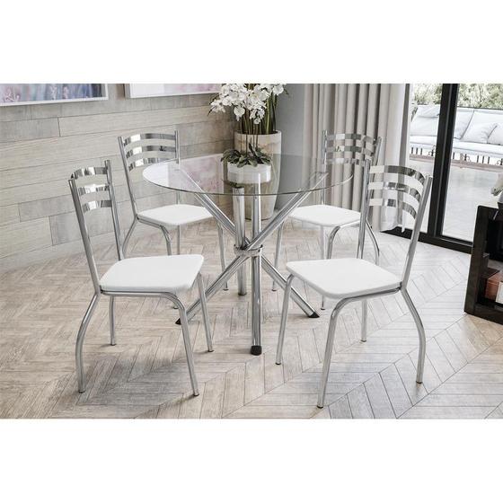 Imagem de Sala de Jantar Completa Volga c/ Tampo Vidro 95cm + 4 Cadeiras Portugal Cromado/Courano Branco - Kappesberg