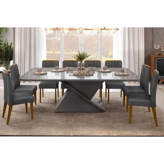 Imagem de Sala de Jantar Completa Zafira Tampo Madeirado c/ Vidro Curvo 200x100cm e 8 Cadeiras Isis Cinza Urbano - Ipe/Suede Lunar - DJ Móveis