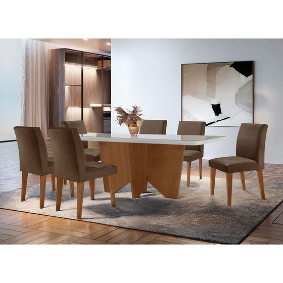 Imagem de Sala de Jantar Mesa Evora 180  Mdf Vidro Canto Copo Com 6 Cadeiras Grecia Rufato