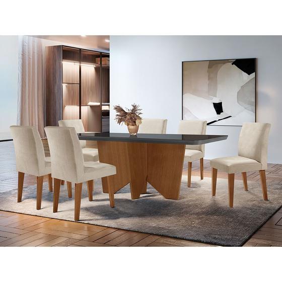 Imagem de Sala de Jantar Mesa Evora 180  Mdf Vidro Canto Copo com 6 Cadeiras Grecia Rufato