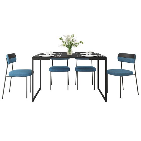Imagem de Sala de Jantar Mesa Indy 160cm 4 Cadeiras Milli F02 Azul/Preto - Mpozenato