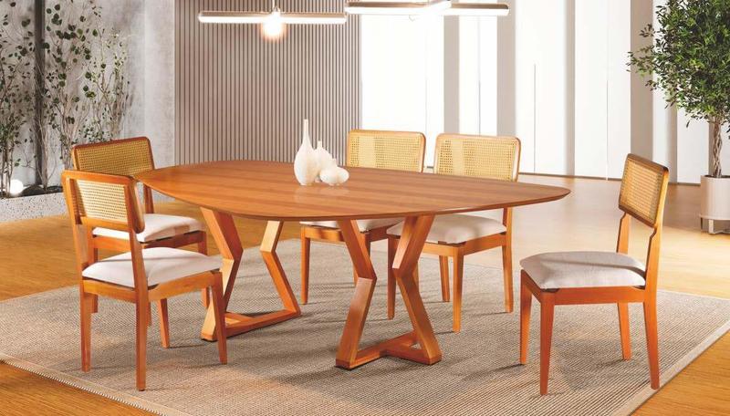 Imagem de Sala de Jantar Tampo Orgânico com 5 Cadeiras maciça encosto Palinha  2,20x1,20m - Premium - Sala Nobre