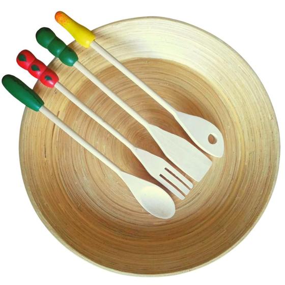 Imagem de Saladeira Bambu Ø 35cm Com Utensílios Madeira 5 Peças - Saldão